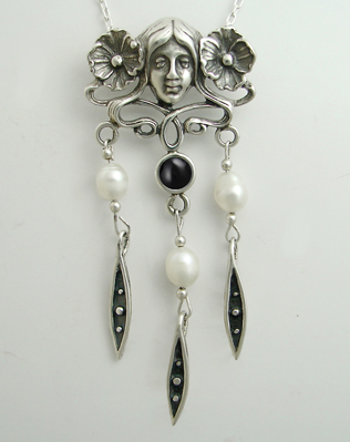 Sterling Silver Woman Maiden of the Garden Necklace With Black Onyx And Cultured Freshwater Pearl